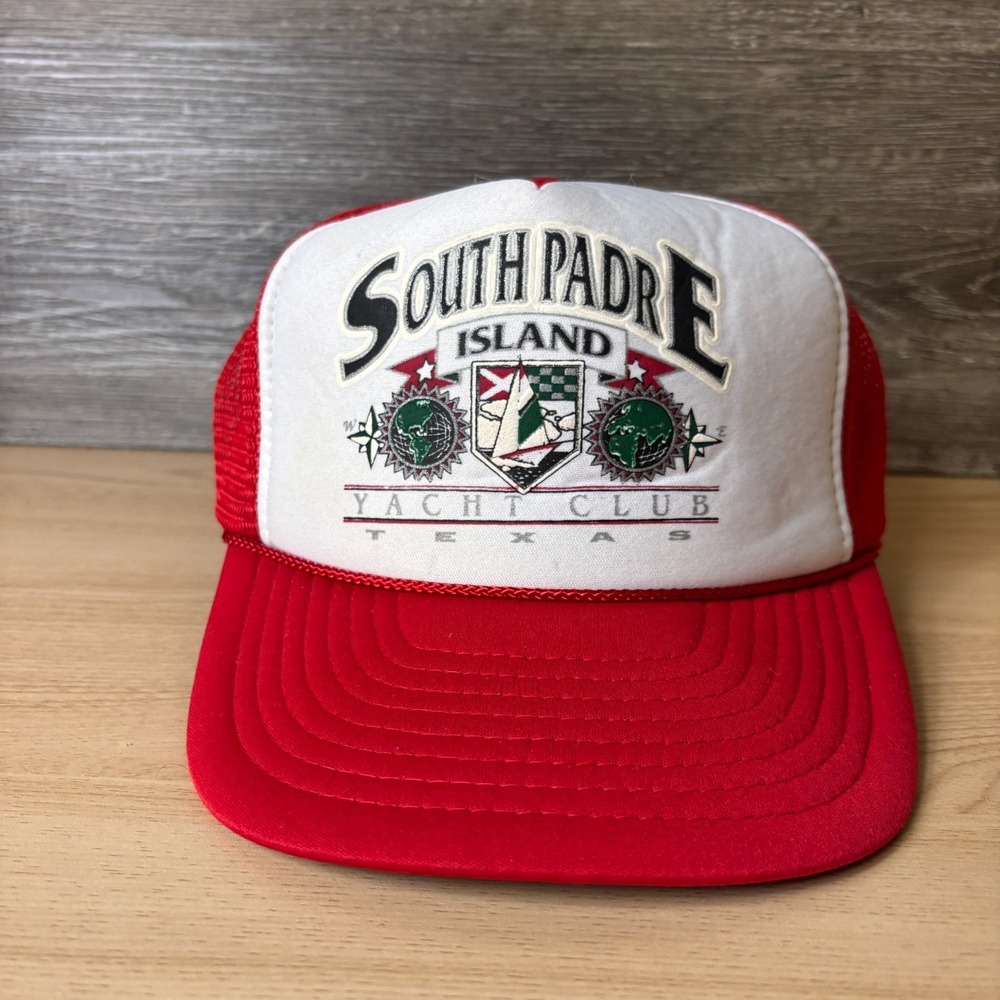 Vintage South Padre Island Hat Cap Snap Back Red Trucker Yacht Club 90s